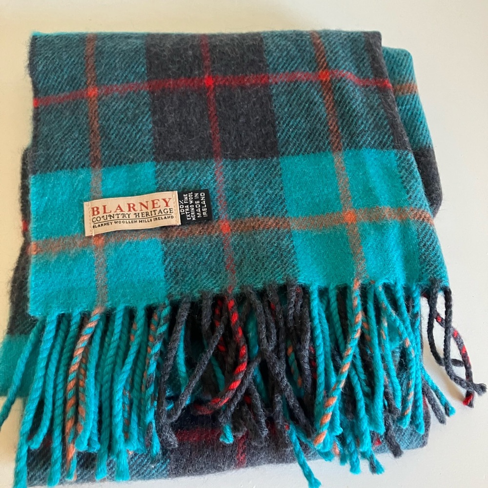 Wool Scarf in Teal and Gray Plaid